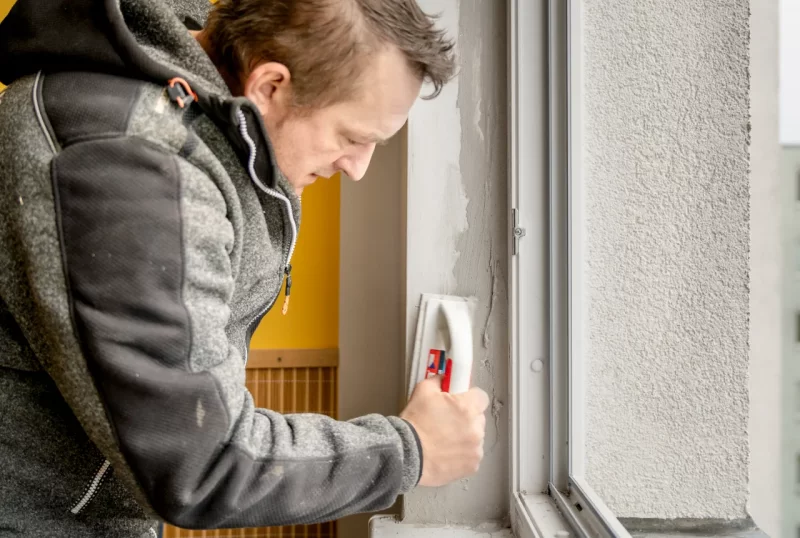 Zedník zapravuje ostění po výměně starého okna za nové plastové